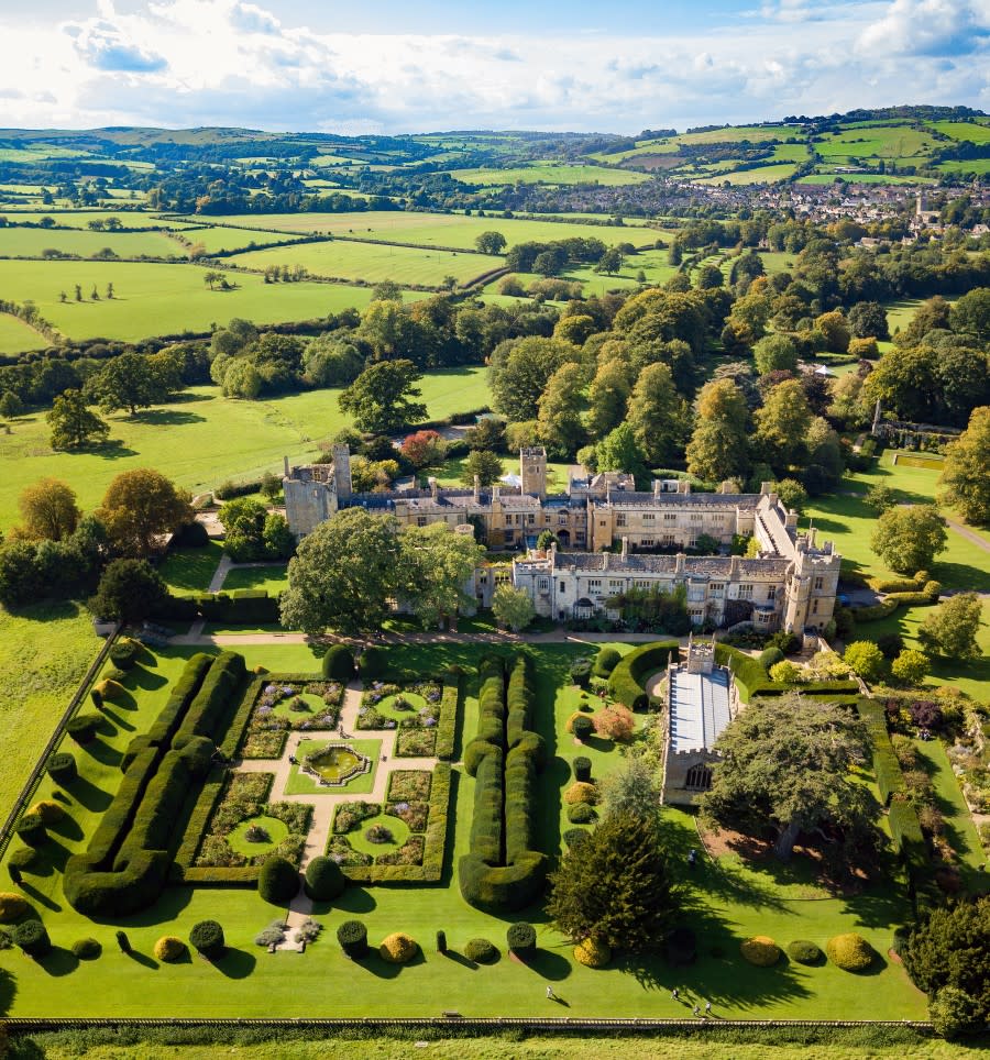 Book the Cotswolds - Wonderful Winchcombe Aerial view of Sudeley Castle amongst rolling hills